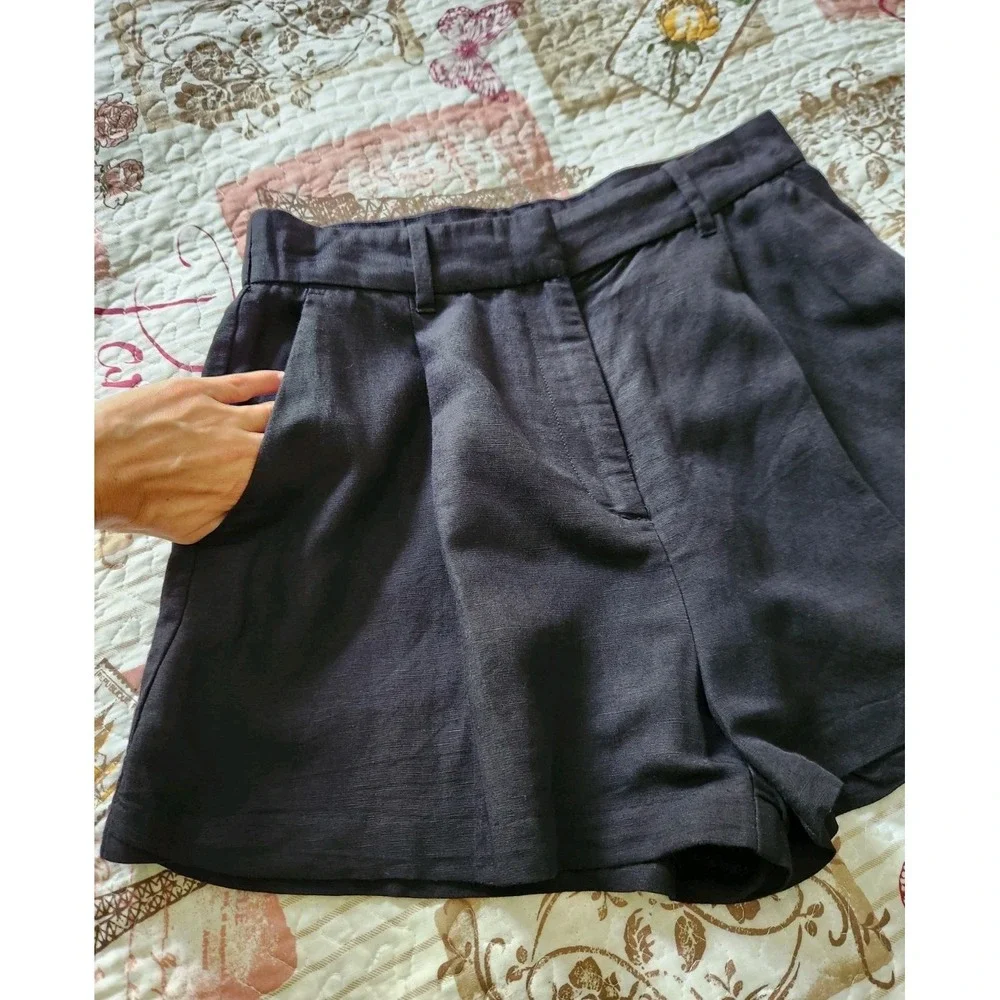 Women's Lined Blend Pleated Shorts High-Rise Pockets Black Size 8‎